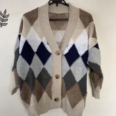 未使用品　レディース　カーディガン　韓国風　アーガイル柄　ゆったり　もこもこ