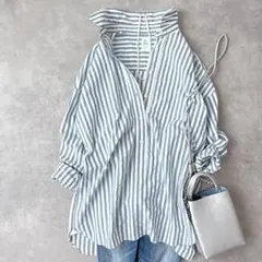 美品☆フランクアンドアイリーン FINBAR ストライプシャツ ネオン花柄