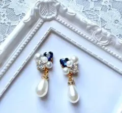 カラー選べる パールハートビジュー ドロップパールのピアス イヤリング