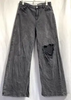 【美品】Bershka ベルシュカ ワイドレッグ サイドスリットデニムパンツ