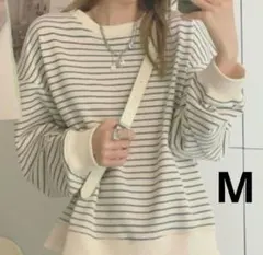 ボーダー 長袖 カットソー アイボリー×ネイビー Mサイズ　韓国風
