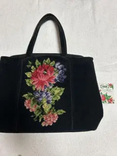 【新品未使用タグ付き】FEILER フラワー刺繍 ブラックベルベットバッグ
