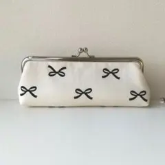 がま口ペンケース リボン柄 アイボリー 韓国風 北欧風 バレエコア がま口ポーチ