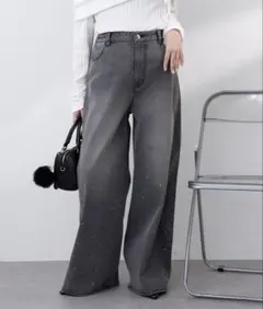 ナイスクラップ　ウエスト調整/ビジュー付きストレッチデニムパンツ　ラインストーンのサムネイル