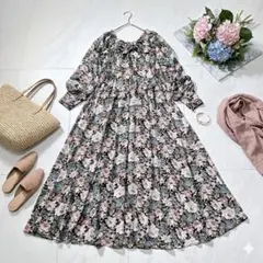 極美品✨ナイスクラップ 花柄 リボン フレアワンピース 洗える シアー F