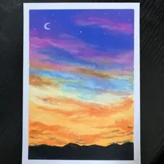 夕暮れと三日月 オイルパステル画