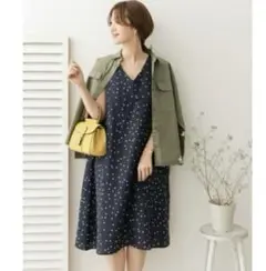 美品　ドアーズ DOORS リネンドットワンピース　ネイビー