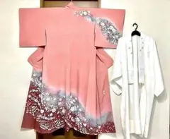 未使用仕付け糸付 逸品 正絹辻が花訪問着 長襦袢秀逸絞り 暈し染桃紅色