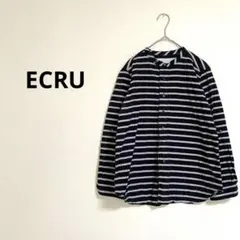 メルローズクレール(ECRU)ノーカラー ボーダーシャツ ネイビー コットンのサムネイル