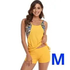 タンキニ水着 イエロー M スイムウエア おしゃれ 体型カバー パンツセット