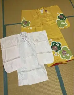 七五三　7歳　着物　正絹　長襦袢　セット　黄色　マスタード　赤　金彩　鞠　桜