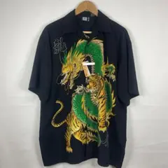 ドラゴン 龍 ヴィンテージ 総柄 半袖シャツ  ビッグシルエット ブラック黒