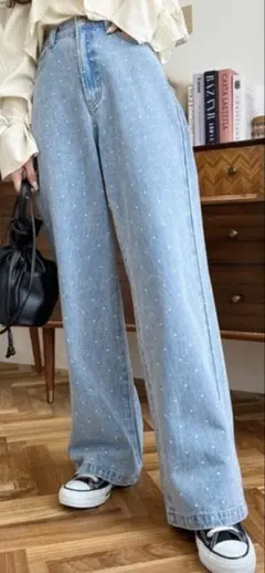 新品★モーメントプラス ドットプリントデニムパンツ ジーンズ ストレートデニム