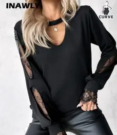 INAWLY レディース プラスサイズ 無地 レースパネル ホロー Tシャツ