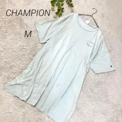 champion　半袖ロングTシャツ　ライトブルー　刺繍ロゴ　M　オーバーサイズ