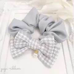 リボンシュシュ　千鳥格子　グレー　ハンドメイド　シンプル　上品　フォーマル