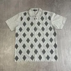 Royalcy アーガイル柄 ハーフジップ半袖ポロシャツ LL グレー レトロ