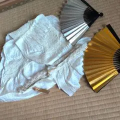 ホワイト柄金糸入絞り帯揚げと正絹帯締め　金銀扇子×2　4点セット　留袖用