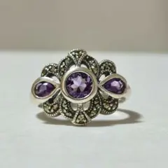 フラワー ストーン リング 指輪 シルバー925 アメジスト マーカサイト11号