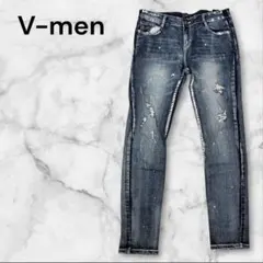 【希少美品】V-men ダメージペイントデニム　ブルー　メンズ　LLサイズ