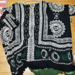 エスニック柄 半袖トップス フリンジ付き　黒のサムネイル