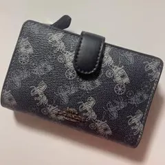 COACH 二つ折り財布 ネイビー 馬車プリント　ホースキャリッジ柄
