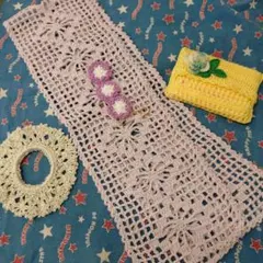 美品/かぎ針編みハンドメイド　夏用ストール・ティッシュケース・シュシュセット