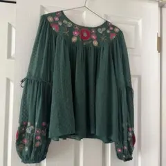 花柄刺繍 ドット柄 長袖ブラウス グリーンのサムネイル