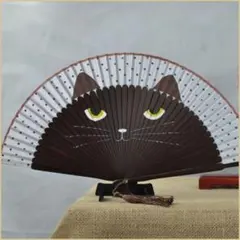 【新品】猫柄 扇子 折扇子 黒猫 ネコ 可愛い 小道具　雑貨 ブラウン