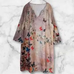 蝶柄チュニックワンピース Vネック 総柄 七分袖