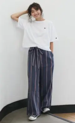 新品☆Ungrid　ハイウエストストライプパンツ　ネイビー　Sサイズ