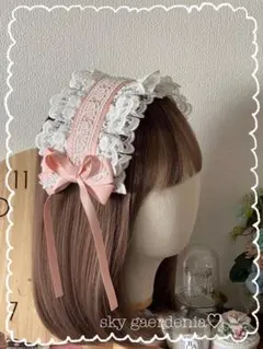 ♡ホワイトフリルレース ピンクリボンローズ ヘッドドレスロリータ量産型ゴスロリ♡