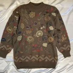 花柄刺繍ブラウンニットセーター M 総柄ニット　レトロ