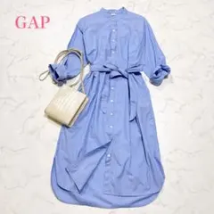 美品✨ギャップ ロングシャツワンピース ミモレ丈 バンドカラーリボン M