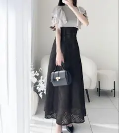 【mily bilet】ダブルフリル袖チェックレースドッキングワンピース