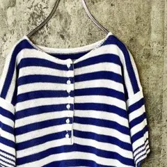半袖ニット　トップス　ボーダー　ニット　M相当　ブルー×ホワイト