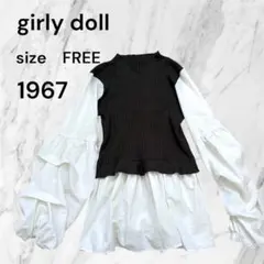 girly doll ドッキングブラウス 長袖 ブラック ホワイト重ね着風のサムネイル