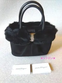 希少★フェラガモ★ファー付き★黒★ハンドバッグ★Ferragamo★