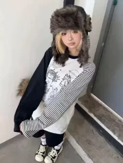 y2k 平成ギャル　星柄人像柄長袖Tシャツ　パッチワークカットソー　00s