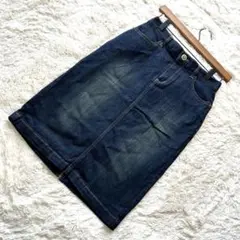 Navy デニム風タイトスカート M 前スリット ストレッチ入り 美シルエット