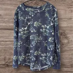 ゆったり ワッフル生地 長袖カットソー L XL ネイビー 花柄 総柄 サーマル