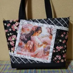 桜柄トートバッグ 和風女性イラスト斜め両面パネルハンドメイド(大きめ肩掛け)