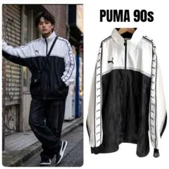 90s PUMA ナイロンジャケット XL ヒットユニオン スリーブロゴ 白黒
