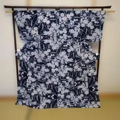 紺色 花柄 着物 綿製、浴衣、どちらもOK