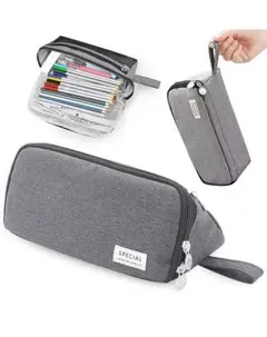 ★ ペンケース 大容量 おしゃれ 多機能 文房具 収納 バッグ 筆箱 グレー
