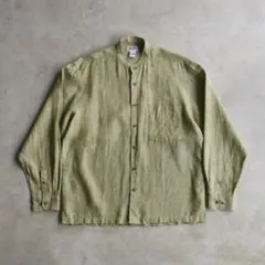 90s ノーカラー リネンシャツ グリーンレアカラー イタリアデザイン ボックス