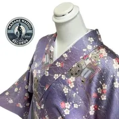 着物 裄65.5 小紋 金彩加工 カジュアル 美品 パープル M～Ｌ寸 ＭＷＲ