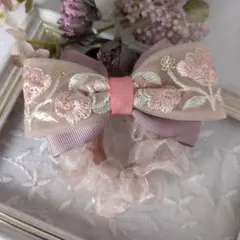 インド刺繍リボンとグログランリボン ふわふわシフォンのヘアゴム ピンク