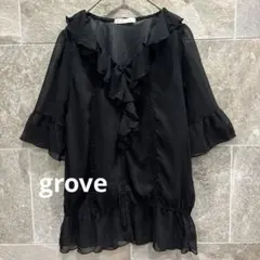 grove グローブ フリルチュニック ブラウス シアー袖 黒 M 1560