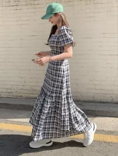 SHEIN DAZY チェック柄フリルヘムドレス、ティーチャーアウトフィット